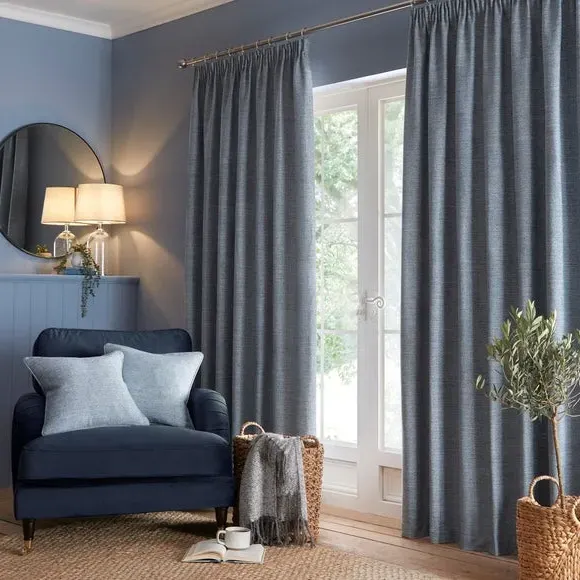 Herringbone Pencil Pleat Curtains - Ashley Blue