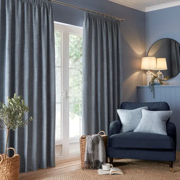 Herringbone Pencil Pleat Curtains - Blue