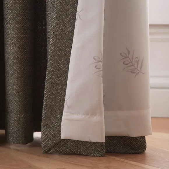 Herringbone Pencil Pleat Curtains - Olive