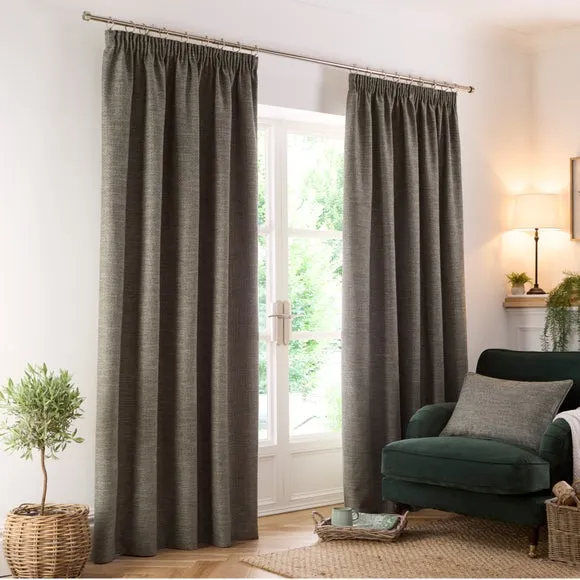 Herringbone Pencil Pleat Curtains - Olive