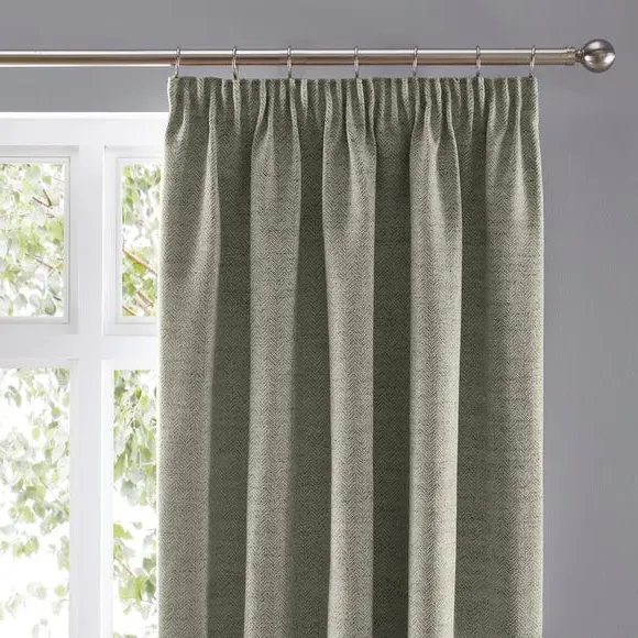 Herringbone Pencil Pleat Curtains - Sage
