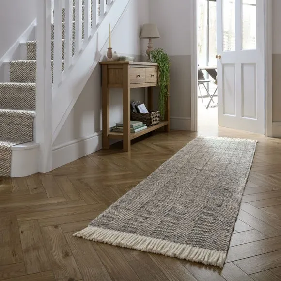 Herringbone Runner Rug with Tassels - Grey, Wool image