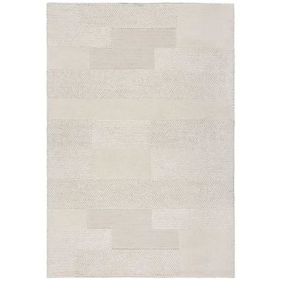 High-Low Pile Rug with Grid Pattern - Cream, Wool