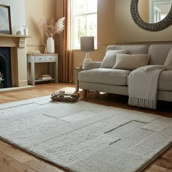 High-Low Pile Rug with Grid Pattern - Cream, Wool image