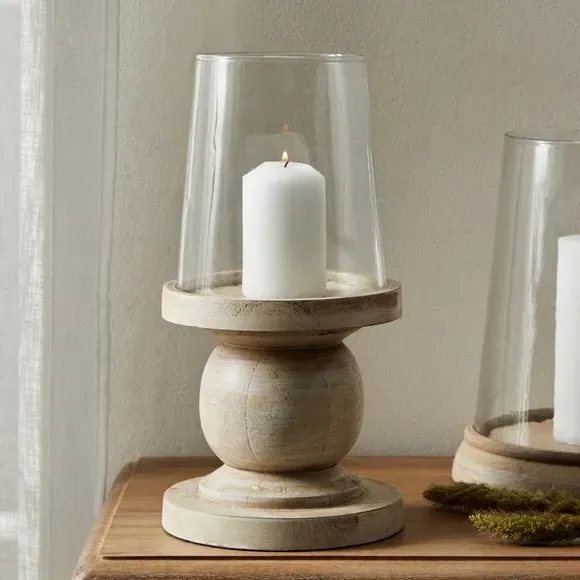 Hurricane Candle Holder - Natural, Wood Glass