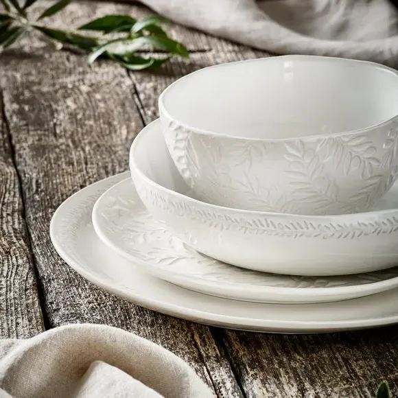 Pasta Bowl with Embossed Design - Cream, Stoneware
