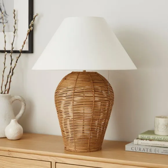 Round Table Lamp with Switch - Beige, Rattan