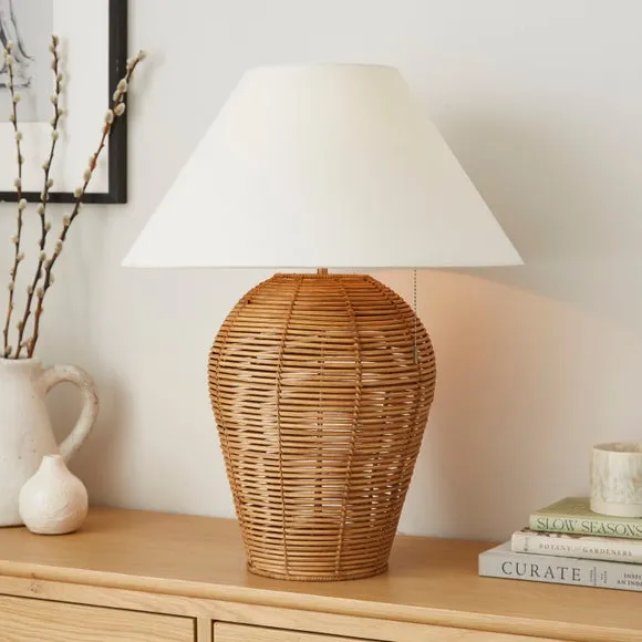 Round Table Lamp with Switch - Beige, Rattan image