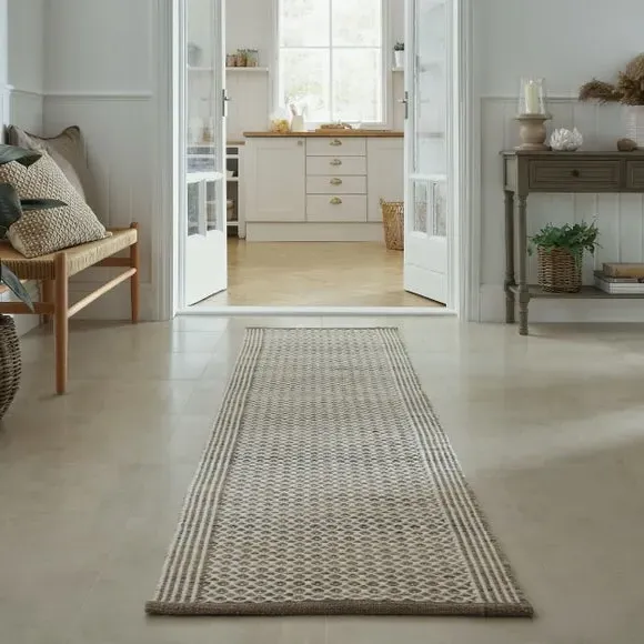 Runner Rug Geometric Design - Natural, Wool