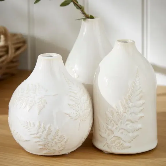 Set of 3 Bud Vases with Fern Design - Ivory