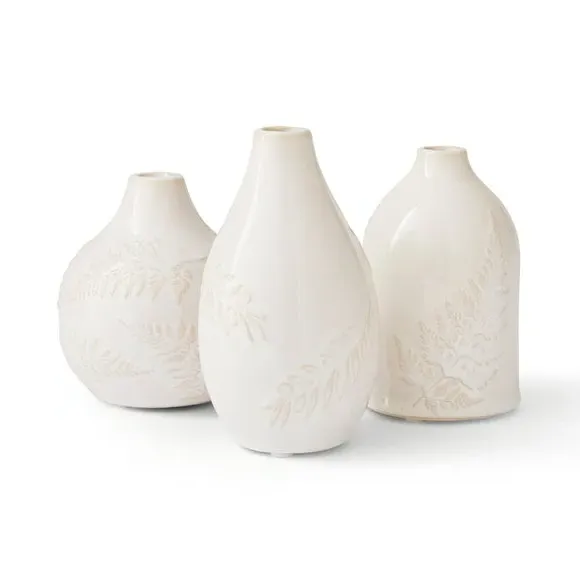 Set of 3 Bud Vases with Fern Design - Ivory
