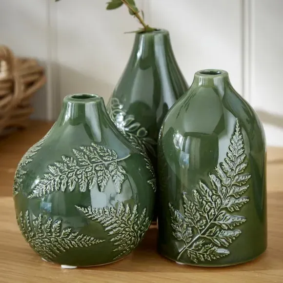 Set of 3 Bud Vases with Fern Design - Olive