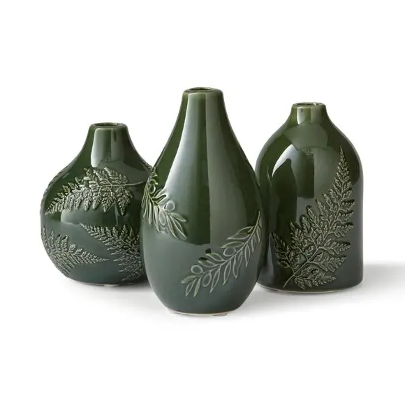 Set of 3 Bud Vases with Fern Design - Olive