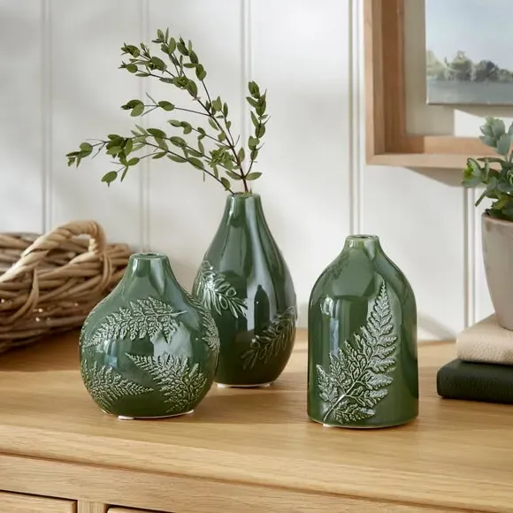 Set of 3 Bud Vases with Fern Design - Olive