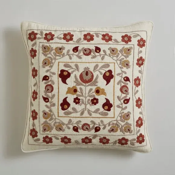 Square Cushion Embroidered - Natural, Cotton