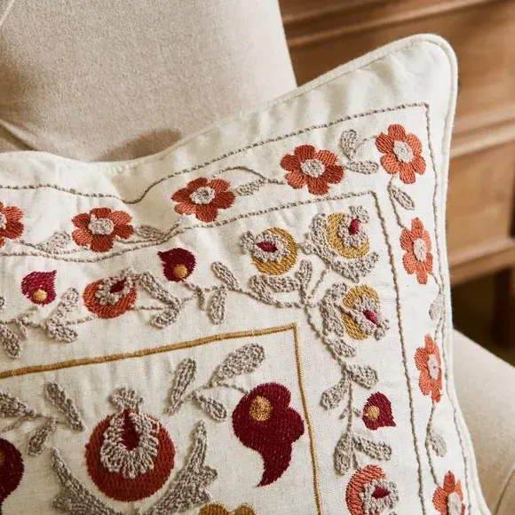 Square Cushion Embroidered - Natural, Cotton