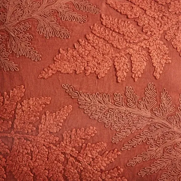 Square Cushion with Embellished Leaf - Orange, Cotton