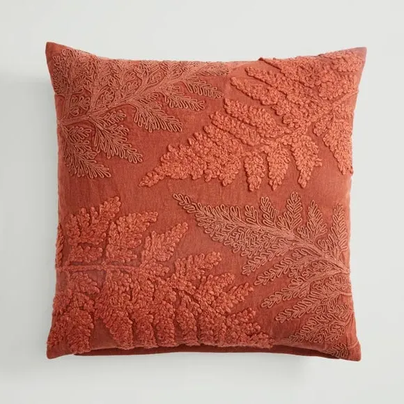 Square Cushion with Embellished Leaf - Orange, Cotton