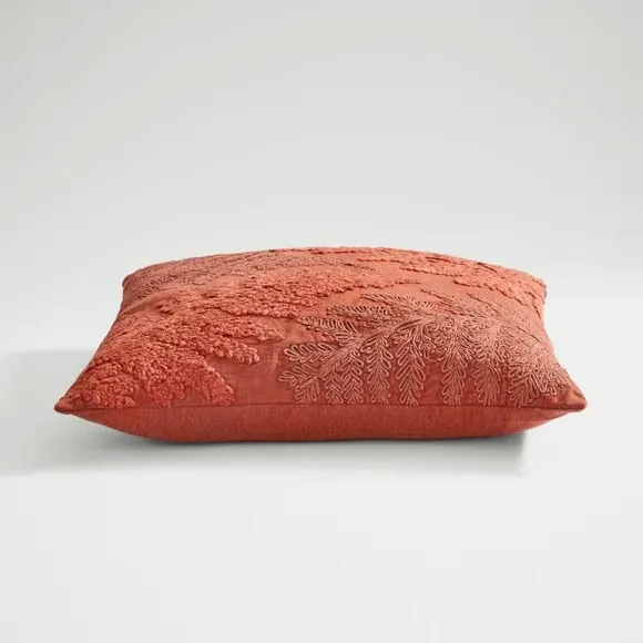 Square Cushion with Embellished Leaf - Orange, Cotton