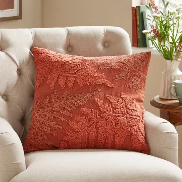 Square Cushion with Embellished Leaf - Orange, Cotton image