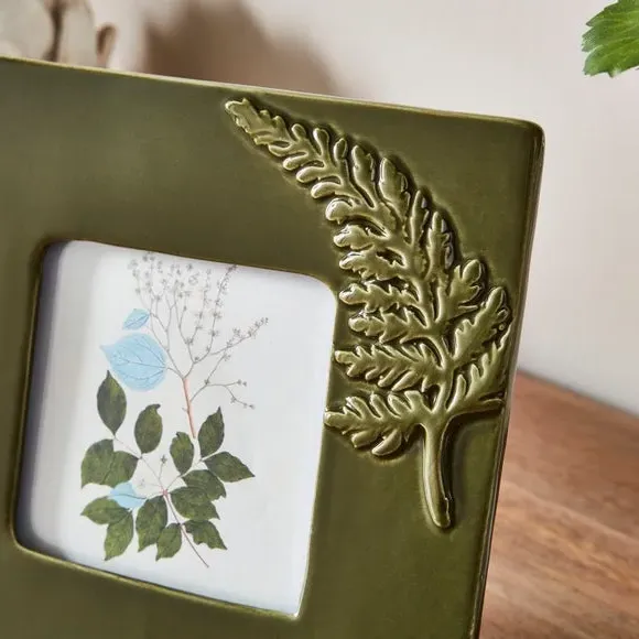 Square Photo Frame Fern Leaf Design - Green, Ceramic