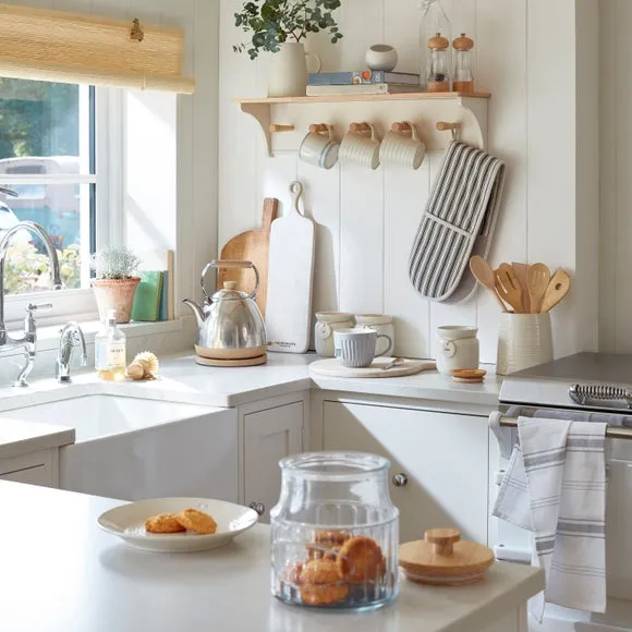 Wall Mounted Kitchen Shelf with Hooks - Natural