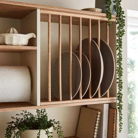 Wall Storage Unit with Plate Rack - Natural Wood