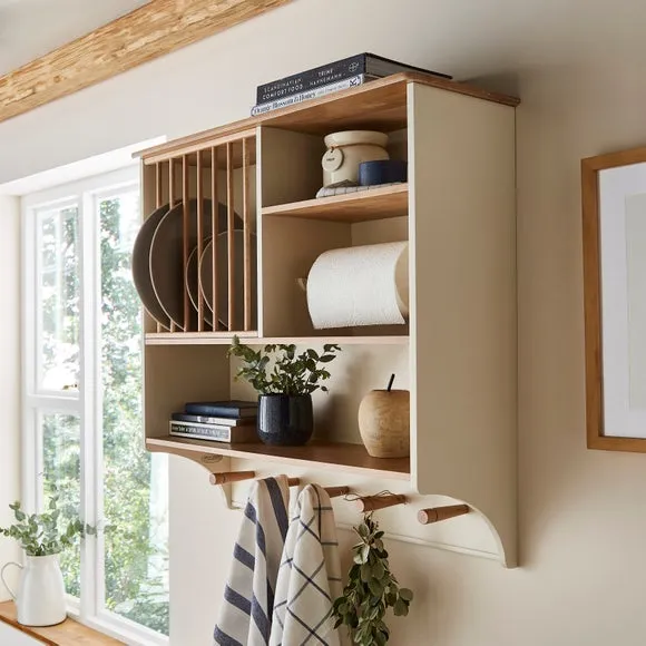 Wall Storage Unit with Plate Rack - Natural Wood