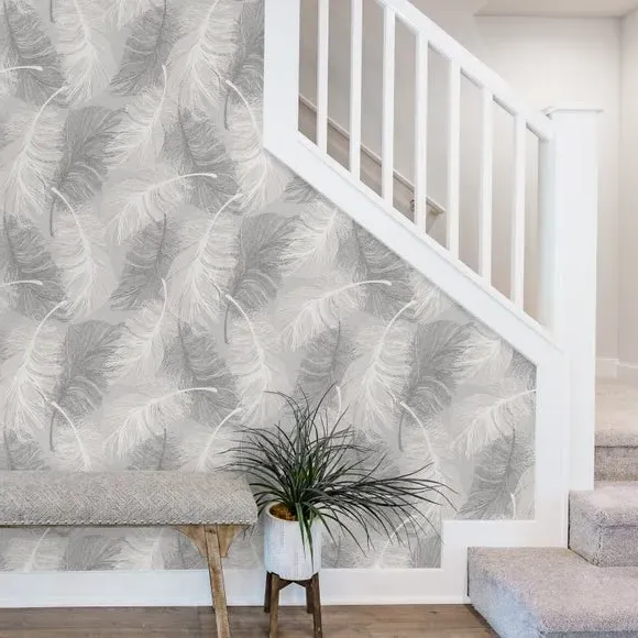 Feather Pattern Wallpaper - Grey, Glitter