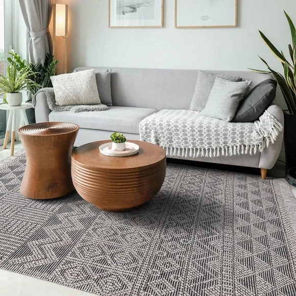 Macramé Rug with Tassels - Grey, Wool
