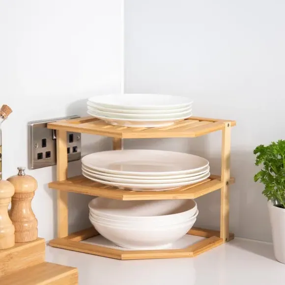 Tiered Corner Organiser Shelf - Brown, Bamboo