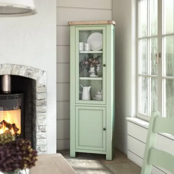 Corner Display Cabinet with Glass Doors - Sage, Oak