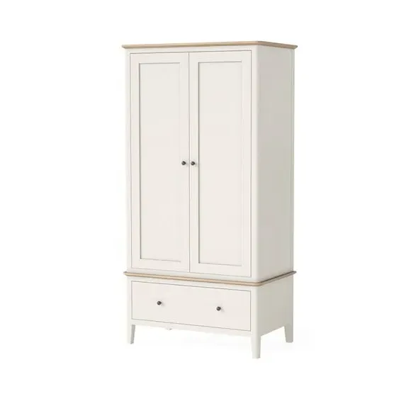 Double Wardrobe with Drawer - White, Pine
