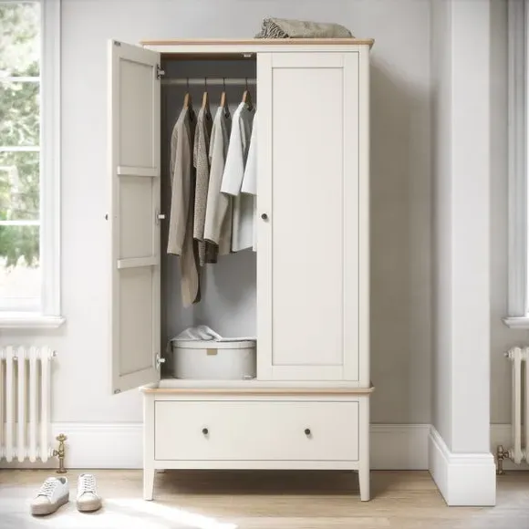 Double Wardrobe with Drawer - White, Pine image