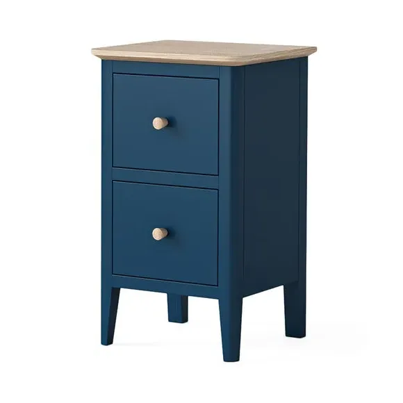 Narrow Bedside Table with 2 Drawers - Navy, Pine