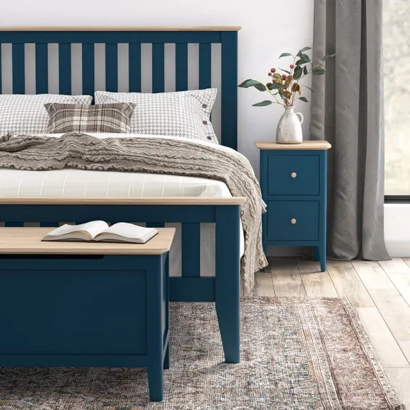 Narrow Bedside Table with 2 Drawers - Navy, Pine image