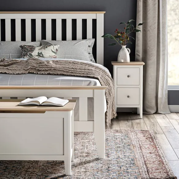 Narrow Bedside Table with 2 Drawers - White, Pine