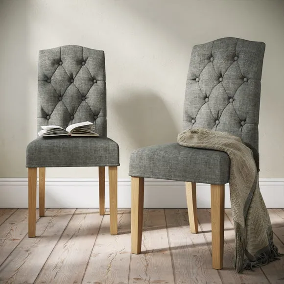 Set of 2 Dining Chairs with Buttons - Grey, Fabric