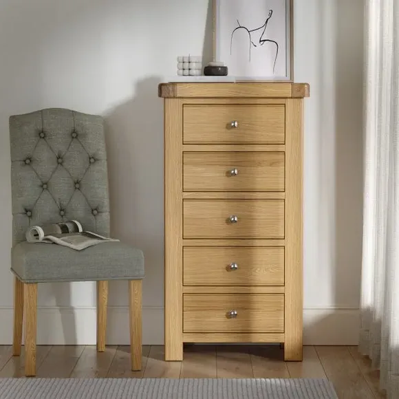 Tall 5 Drawer Chest - Oak, Solid Wood image