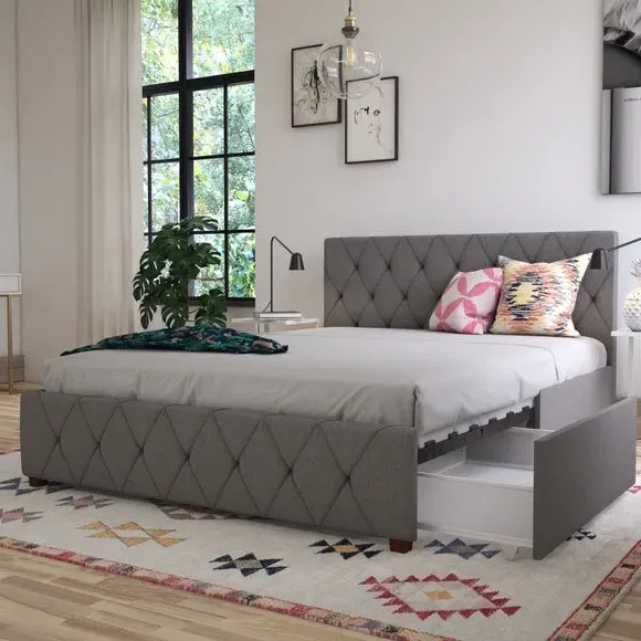Upholstered Bed Frame with Storage - Grey, Linen