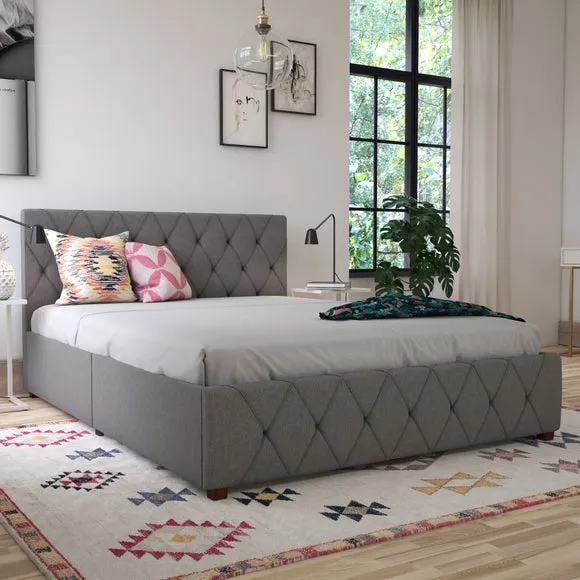 Upholstered Bed Frame with Storage - Grey, Linen