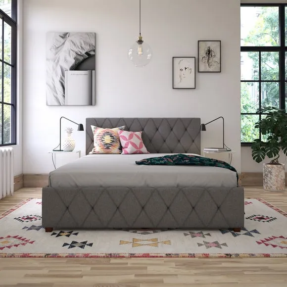 Upholstered Bed Frame with Storage - Grey, Linen image