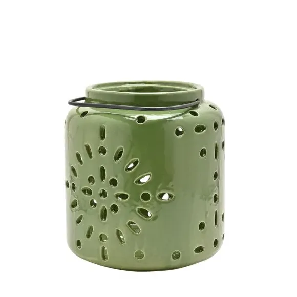 Ceramic Lantern with Cut-Out Pattern - Sage