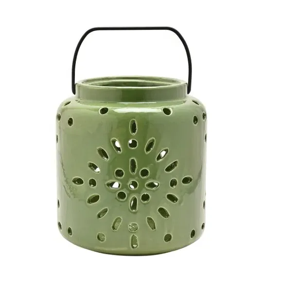 Ceramic Lantern with Cut-Out Pattern - Sage image