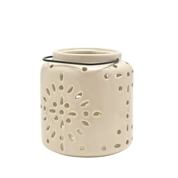 Ceramic Lantern with Cut-Out Pattern - Stone