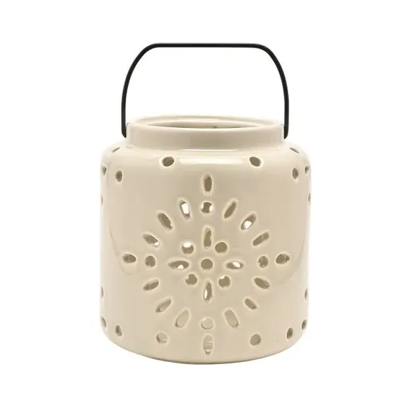 Ceramic Lantern with Cut-Out Pattern - Stone