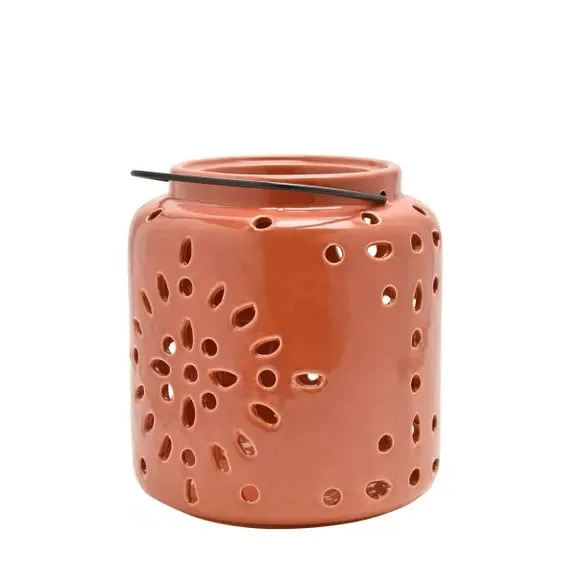 Ceramic Lantern with Cut-Out Pattern - Terracotta