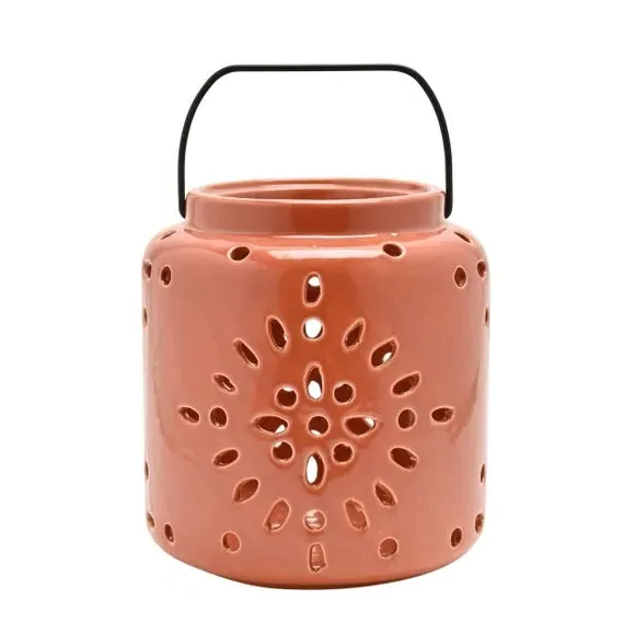 Ceramic Lantern with Cut-Out Pattern - Terracotta
