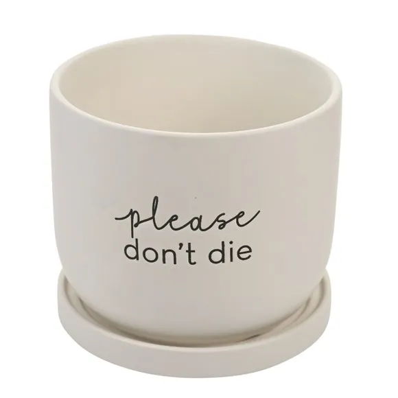 Ceramic Plant Pot with Text - White