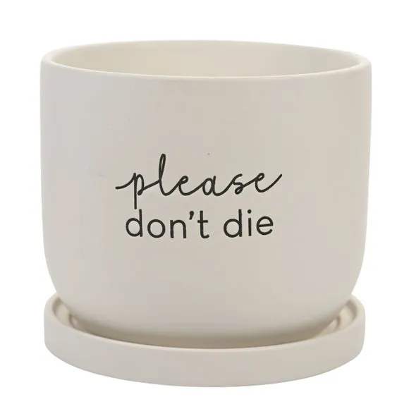 Ceramic Plant Pot with Text - White